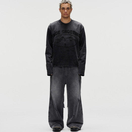 FNOS - “Fnos Crossing” Washed Long Sleeve – Black - ใส่สบาย เสื้อยืด - ใส่ได้ทุกวัน - ใส่ได้ทั้งชายหญิง