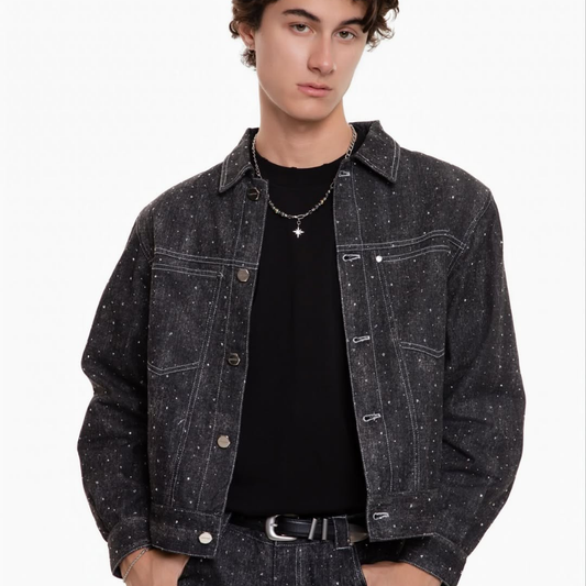 KANTAN - Unisex Studded Denim Jacket with Collar - Unisex