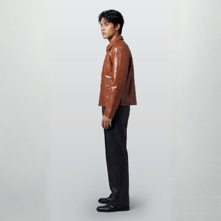 [PRE-ORDER - GET GIFT] Brown Crocodile-Embossed Faux Leather Jacket