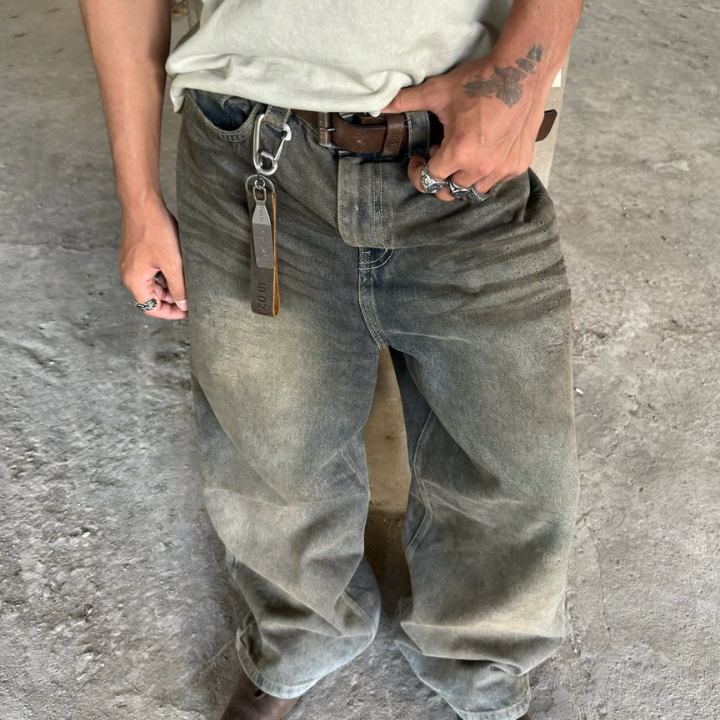 FNOS - Dirty Effect Washed Jeans - Comfortable Pants - Daily Wear - Unisex