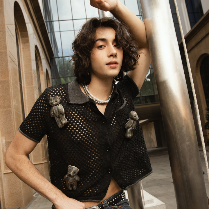KANTAN - Black Knitted Cropped Shirt - Unisex