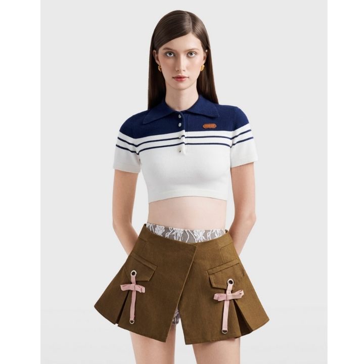 Sensei Knit Cropped Top In Navy Striped