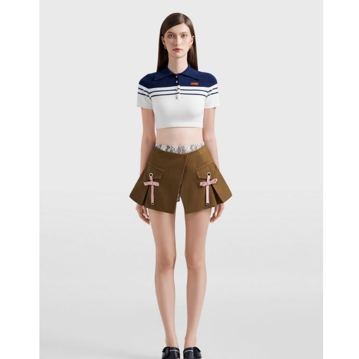 Sensei Knit Cropped Top In Navy Striped