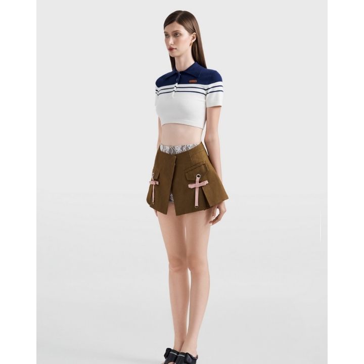 Sensei Knit Cropped Top In Navy Striped