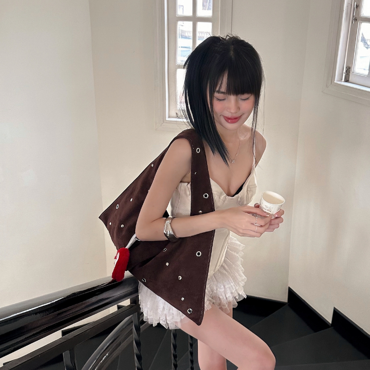 ARYA - Brown Eyelet Crescent Bag