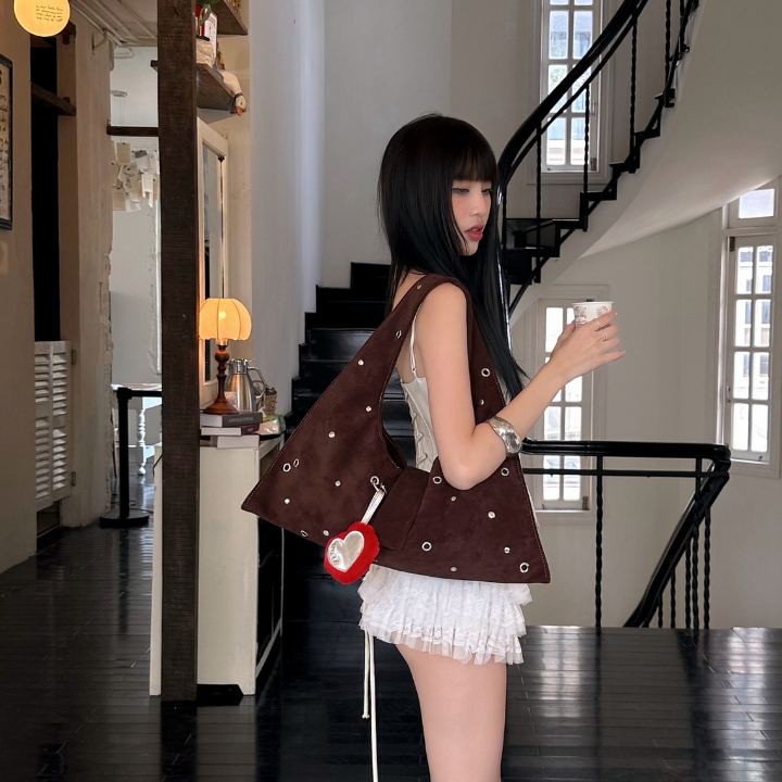 ARYA - Brown Eyelet Crescent Bag