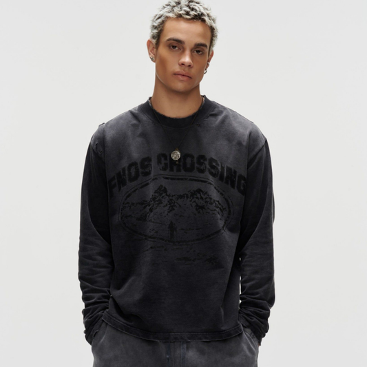 FNOS - “Fnos Crossing” Washed Long Sleeve – Black - ใส่สบาย เสื้อยืด - ใส่ได้ทุกวัน - ใส่ได้ทั้งชายหญิง