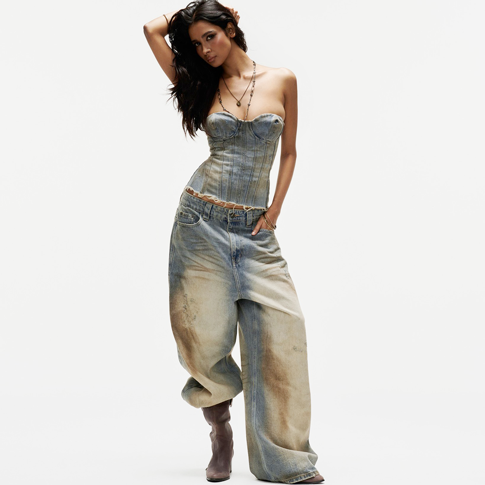 FNOS - กางเกงยีนส์ฟอกสีแบบมีเอฟเฟ็กต์สกปรก - สำหรับทั้งชายและหญิง