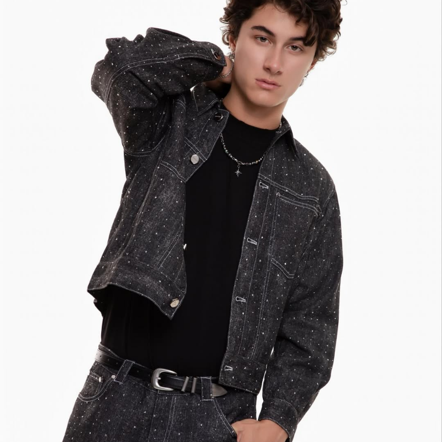 KANTAN - Unisex Studded Denim Jacket with Collar - Unisex