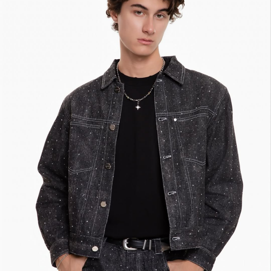 KANTAN - Unisex Studded Denim Jacket with Collar - Unisex