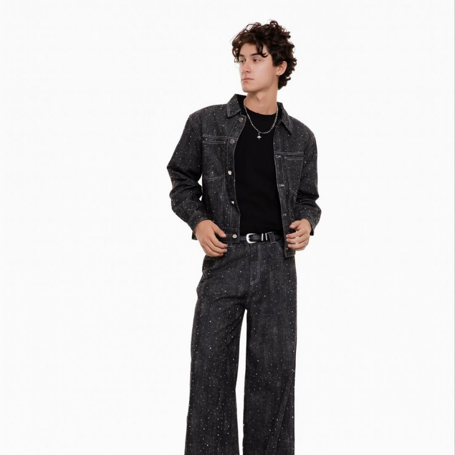 KANTAN - Unisex Studded Denim Jacket with Collar - Unisex