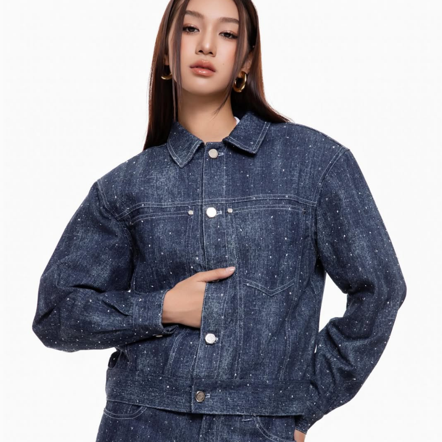 KANTAN - Unisex Studded Denim Jacket with Collar - Unisex