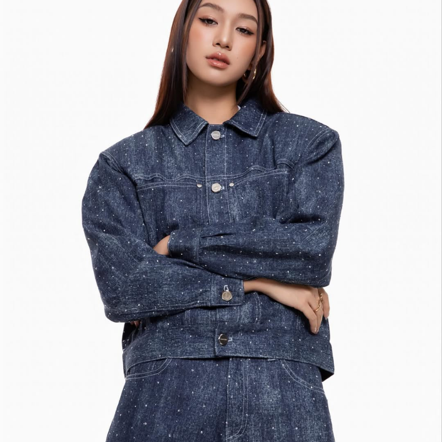 KANTAN - Unisex Studded Denim Jacket with Collar - Unisex