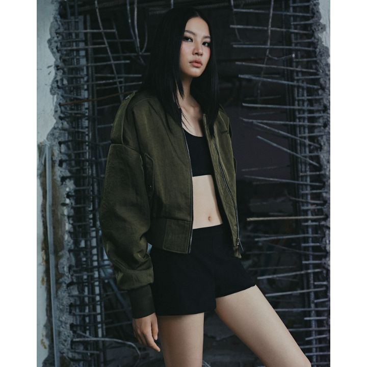 Cropped Nylon Twill Bomber Jacket