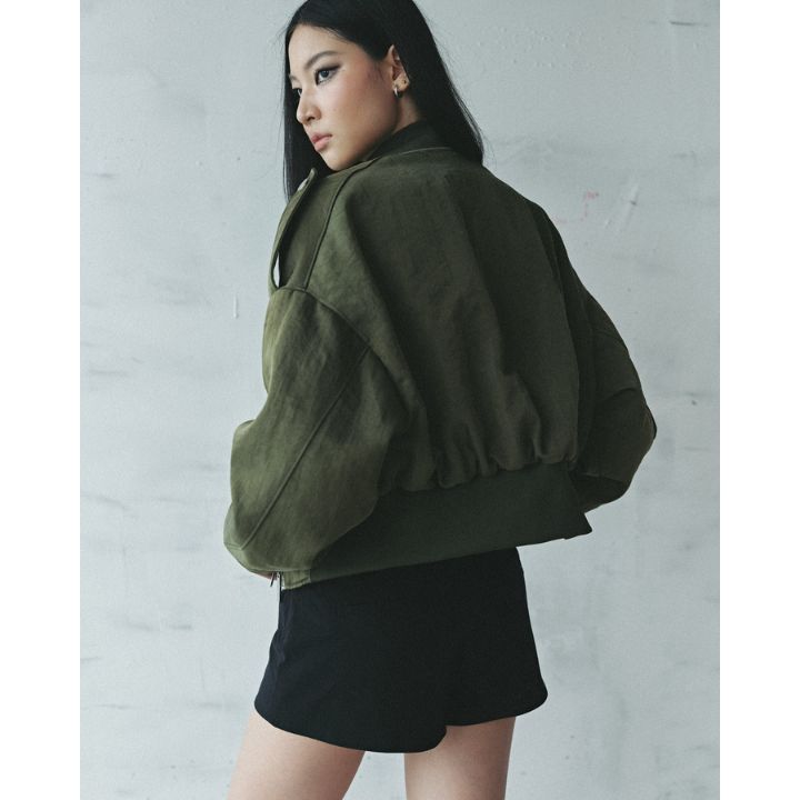 Cropped Nylon Twill Bomber Jacket