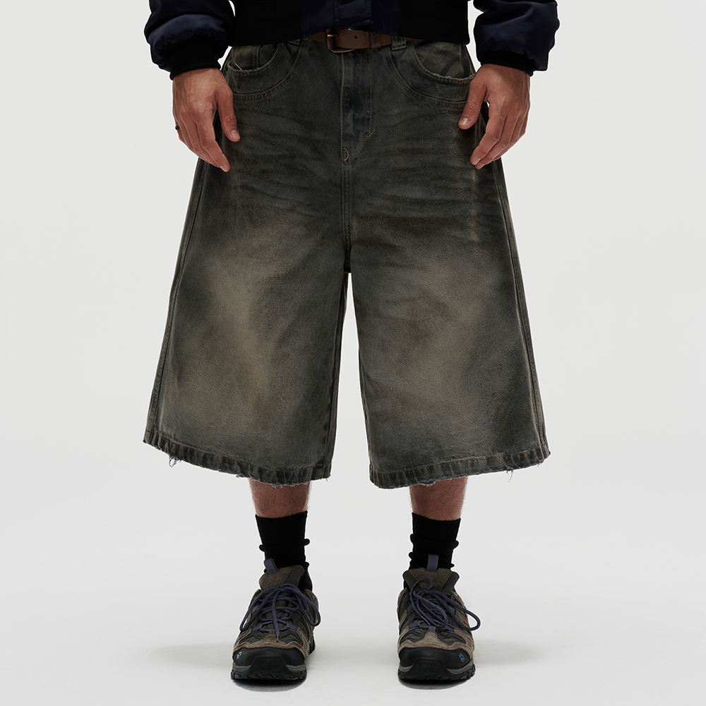 FNOS - “Fnos” Washed Baggy Denim Jorts – Dirty Blue - Comfortable Shorts - Daily Wear - Unisex