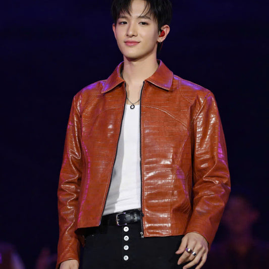 [PRE-ORDER - GET GIFT] Brown Crocodile-Embossed Faux Leather Jacket